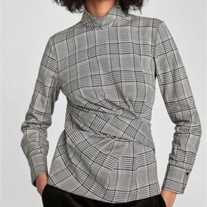 Zara Plaid Checked Wrap Waist Mock Neck Blouse